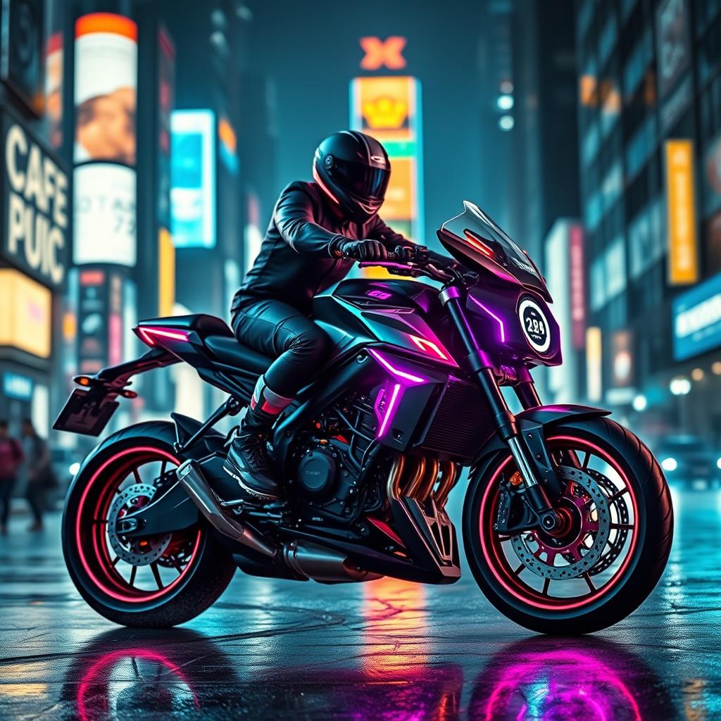 A striking cyberpunk café racer motorcycle, boasting a sleek and futuristic design with angular lines and vibrant neon colors