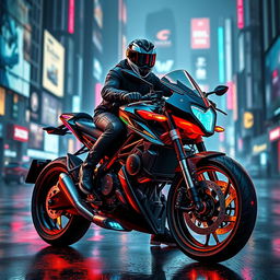 A striking cyberpunk café racer motorcycle, boasting a sleek and futuristic design with angular lines and vibrant neon colors