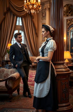 A beautiful female servant wearing a classic Victorian-style uniform, complete with an apron and cap, standing gracefully in a grand, luxurious mansion