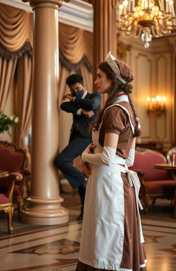 A beautiful female servant wearing a classic Victorian-style uniform, complete with an apron and cap, standing gracefully in a grand, luxurious mansion