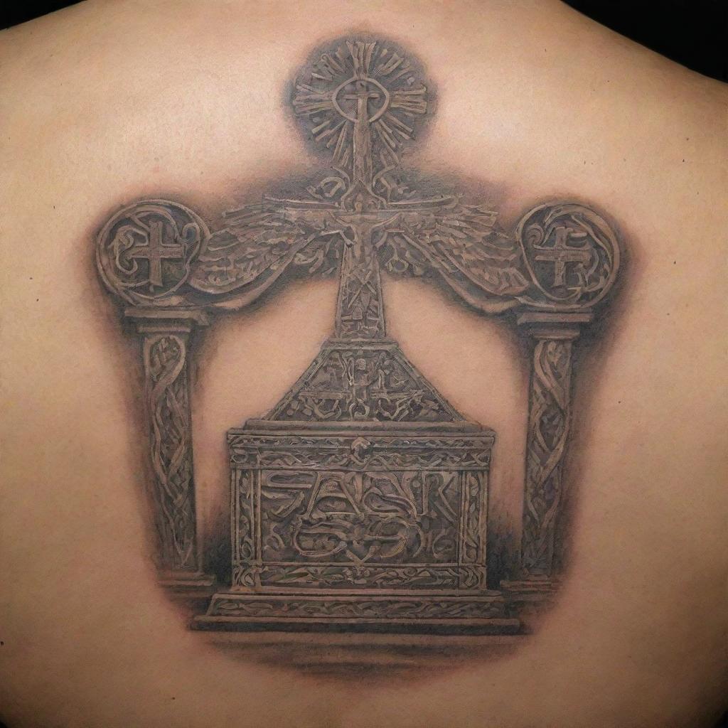 A detailed Polynesian-style tattoo of the Ark of the Covenant, featuring a small cross on top and the word 'GOD' written in Hebrew.