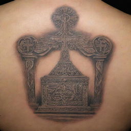 A detailed Polynesian-style tattoo of the Ark of the Covenant, featuring a small cross on top and the word 'GOD' written in Hebrew.