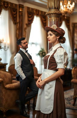 A beautiful female servant wearing a classic Victorian-style uniform, complete with an apron and cap, standing gracefully in a grand, luxurious mansion