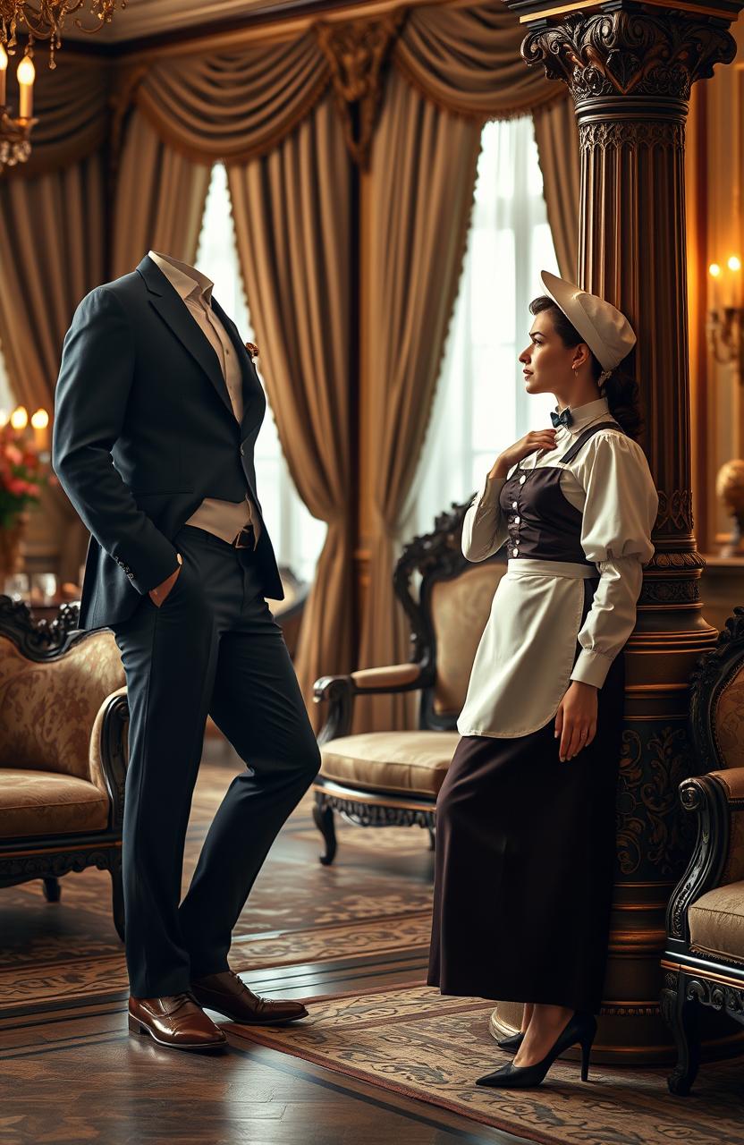 A beautiful female servant wearing a classic Victorian-style uniform, complete with an apron and cap, standing gracefully in a grand, luxurious mansion