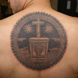 A detailed Polynesian-style tattoo of the Ark of the Covenant, featuring a small cross on top and the word 'GOD' written in Hebrew.