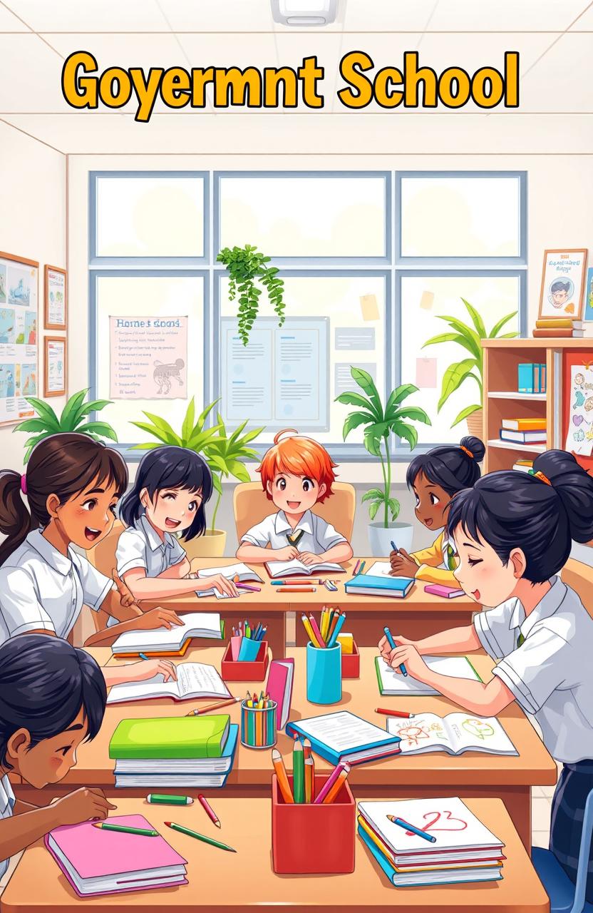 A charming and vibrant novel cover illustration featuring government school students engaged in a lively classroom setting