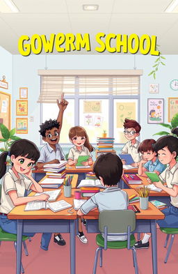 A charming and vibrant novel cover illustration featuring government school students engaged in a lively classroom setting