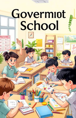 A charming and vibrant novel cover illustration featuring government school students engaged in a lively classroom setting