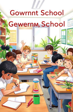 A charming and vibrant novel cover illustration featuring government school students engaged in a lively classroom setting