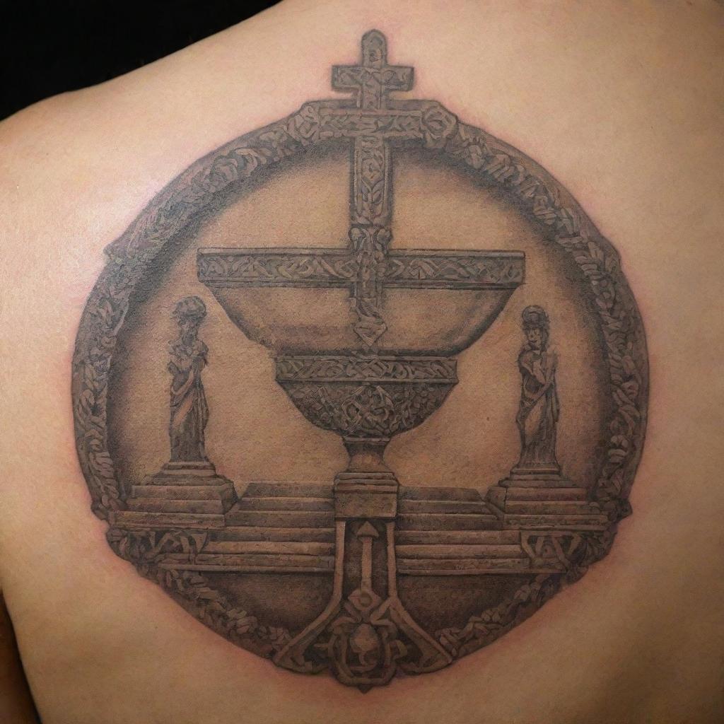 A detailed Polynesian-style tattoo of the Ark of the Covenant, featuring a small cross on top and the word 'GOD' written in Hebrew.