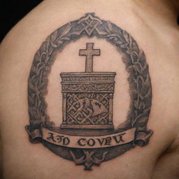 A detailed Polynesian-style tattoo of the Ark of the Covenant, featuring a small cross on top and the word 'GOD' written in Hebrew.