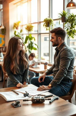 An attractive college woman with long flowing brunette hair, wearing a stylish, casual outfit, is sitting at a table in a modern university café, engaging in conversation with a charismatic male engineer