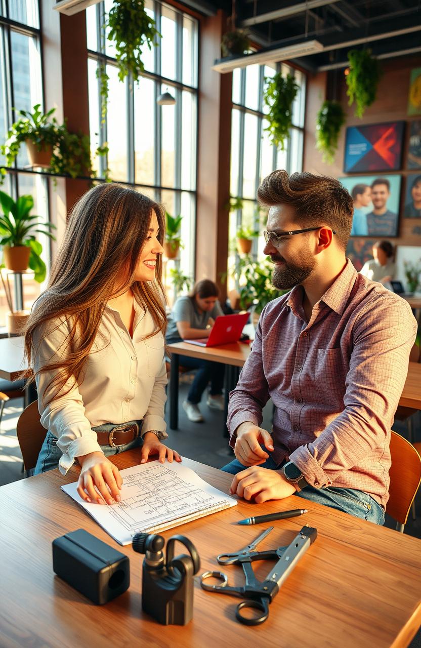 An attractive college woman with long flowing brunette hair, wearing a stylish, casual outfit, is sitting at a table in a modern university café, engaging in conversation with a charismatic male engineer