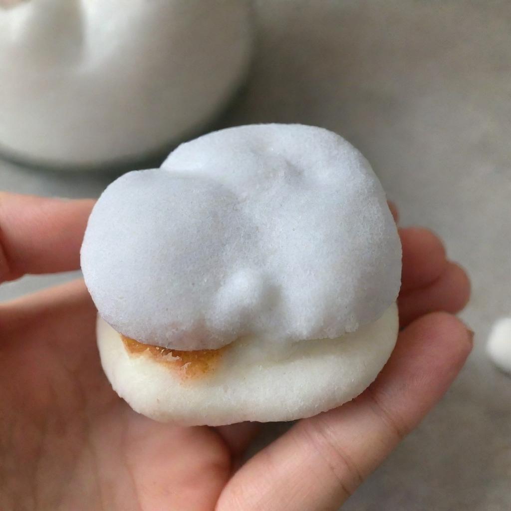 A delicious piece of mochi with gooey melted marshmallow oozing out from the inside