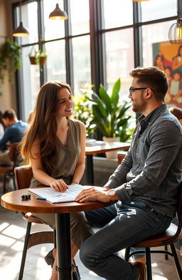 An attractive college woman with long flowing brunette hair, wearing a stylish, casual outfit, is sitting at a table in a modern university café, engaging in conversation with a charismatic male engineer