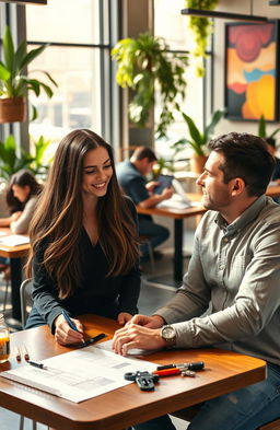 An attractive college woman with long flowing brunette hair, wearing a stylish, casual outfit, is sitting at a table in a modern university café, engaging in conversation with a charismatic male engineer