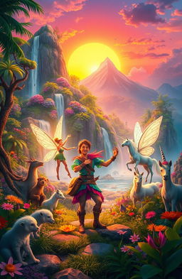 A magical adventure on an enchanted island filled with mythical creatures and vibrant landscapes