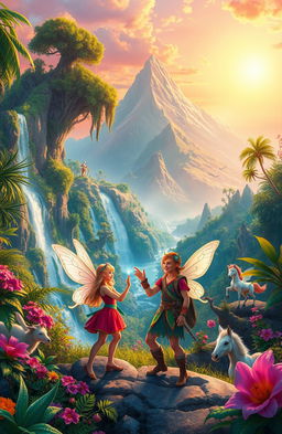 A magical adventure on an enchanted island filled with mythical creatures and vibrant landscapes