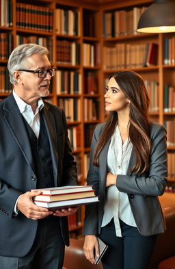 A university professor in an academic setting, engaged in a thoughtful discussion with a stunning college woman