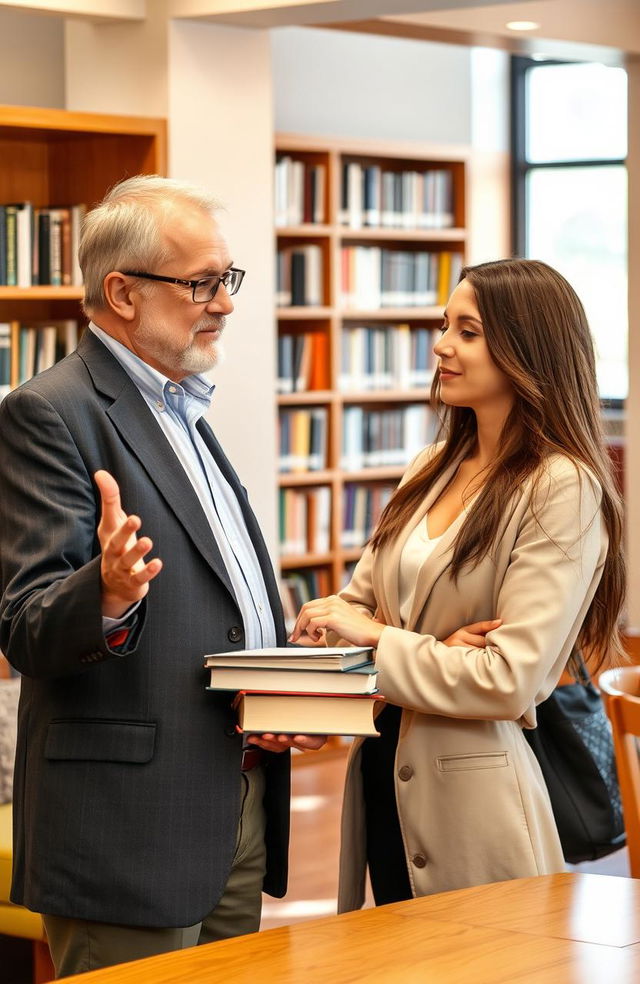 A university professor in an academic setting, engaged in a thoughtful discussion with a stunning college woman