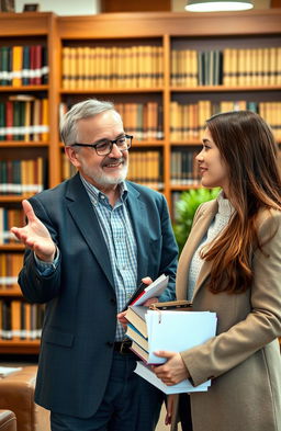 A university professor in an academic setting, engaged in a thoughtful discussion with a stunning college woman