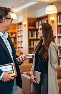 A university professor in an academic setting, engaged in a thoughtful discussion with a stunning college woman