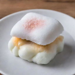 A delicious piece of mochi with gooey melted marshmallow oozing out from the inside