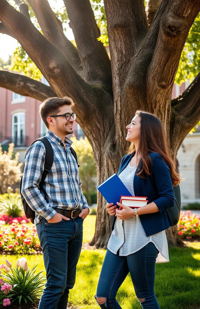 A young university professor engaging in a friendly conversation with a beautiful college woman on a vibrant campus