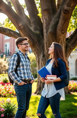 A young university professor engaging in a friendly conversation with a beautiful college woman on a vibrant campus