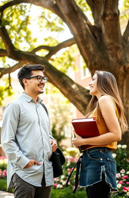 A young university professor engaging in a friendly conversation with a beautiful college woman on a vibrant campus