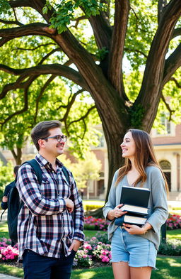 A young university professor engaging in a friendly conversation with a beautiful college woman on a vibrant campus