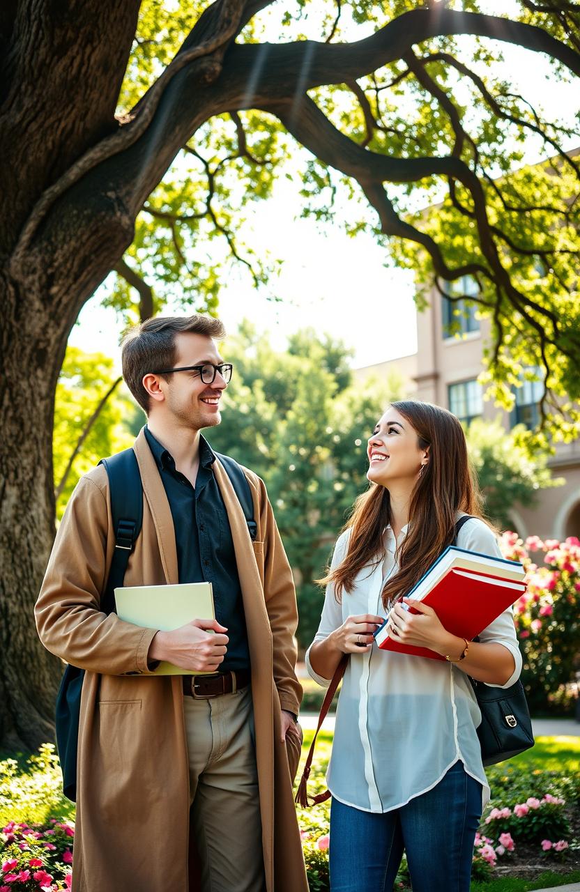 A young university professor engaging in a friendly conversation with a beautiful college woman on a vibrant campus