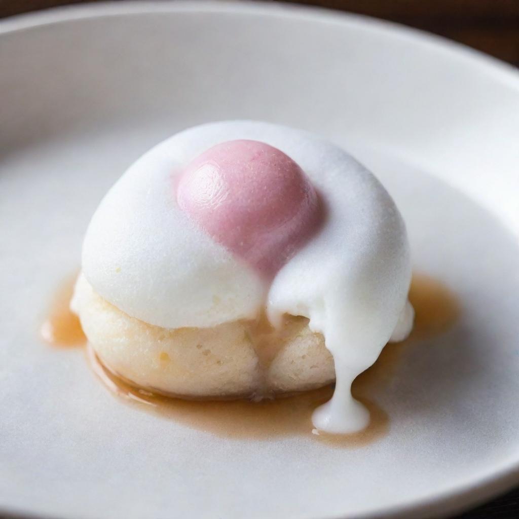 A delicious piece of mochi with gooey melted marshmallow oozing out from the inside