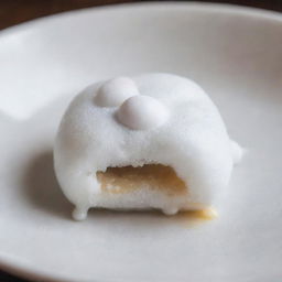 A delicious piece of mochi with gooey melted marshmallow oozing out from the inside