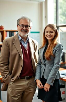 A handsome middle-aged university professor with salt and pepper hair, wearing stylish glasses and a tweed jacket, standing confidently in a university classroom