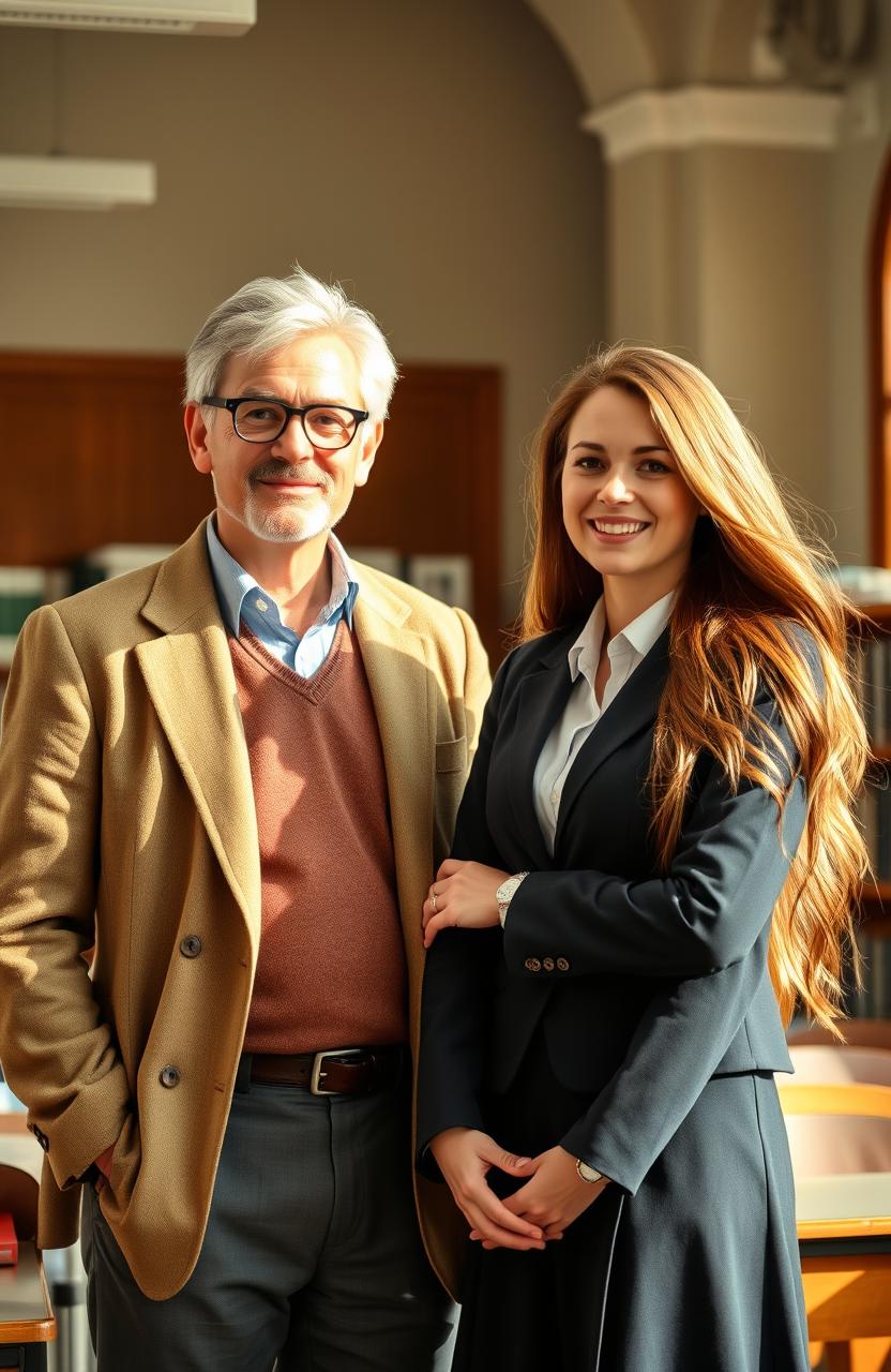 A handsome middle-aged university professor with salt and pepper hair, wearing stylish glasses and a tweed jacket, standing confidently in a university classroom