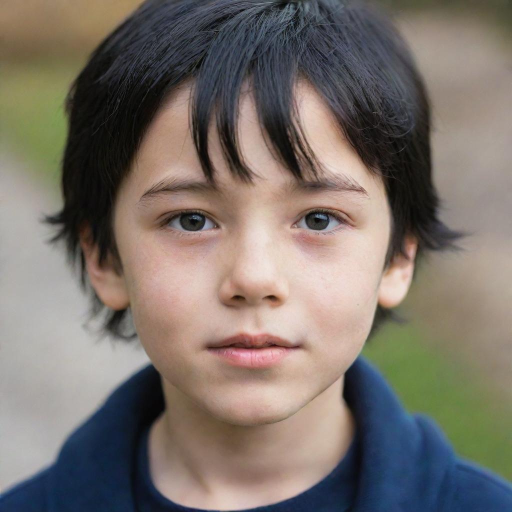 A young boy with fair skin and glossy black hair