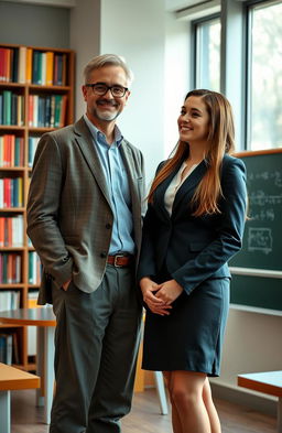 A handsome 37-year-old university professor standing in a classroom, with a warm smile and confident demeanor