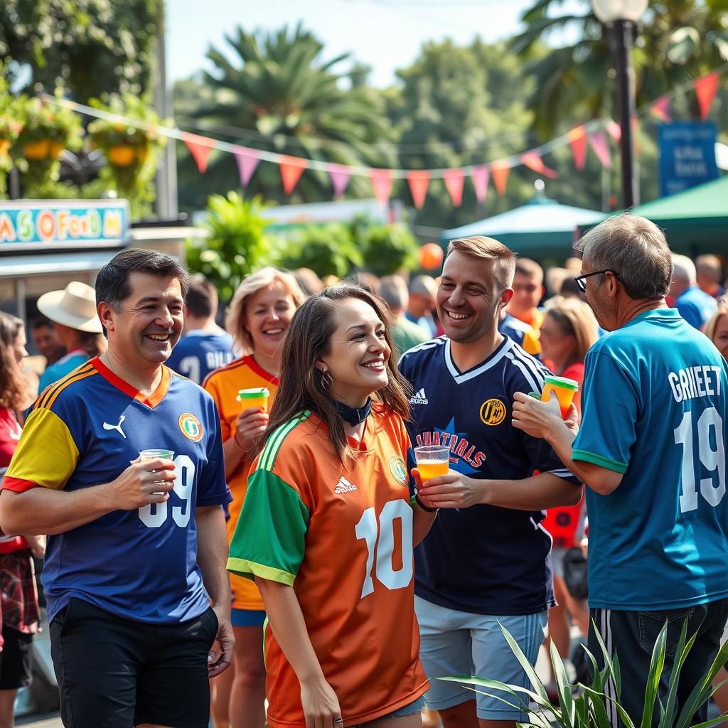 A vibrant scene of people wearing colorful Jerseys, engaged in joyful activities on a sunny day