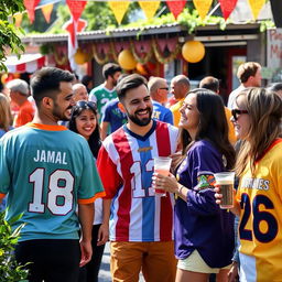 A vibrant scene of people wearing colorful Jerseys, engaged in joyful activities on a sunny day