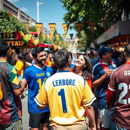 A vibrant scene of people wearing colorful Jerseys, engaged in joyful activities on a sunny day