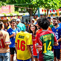 A vibrant scene of people wearing colorful Jerseys, engaged in joyful activities on a sunny day