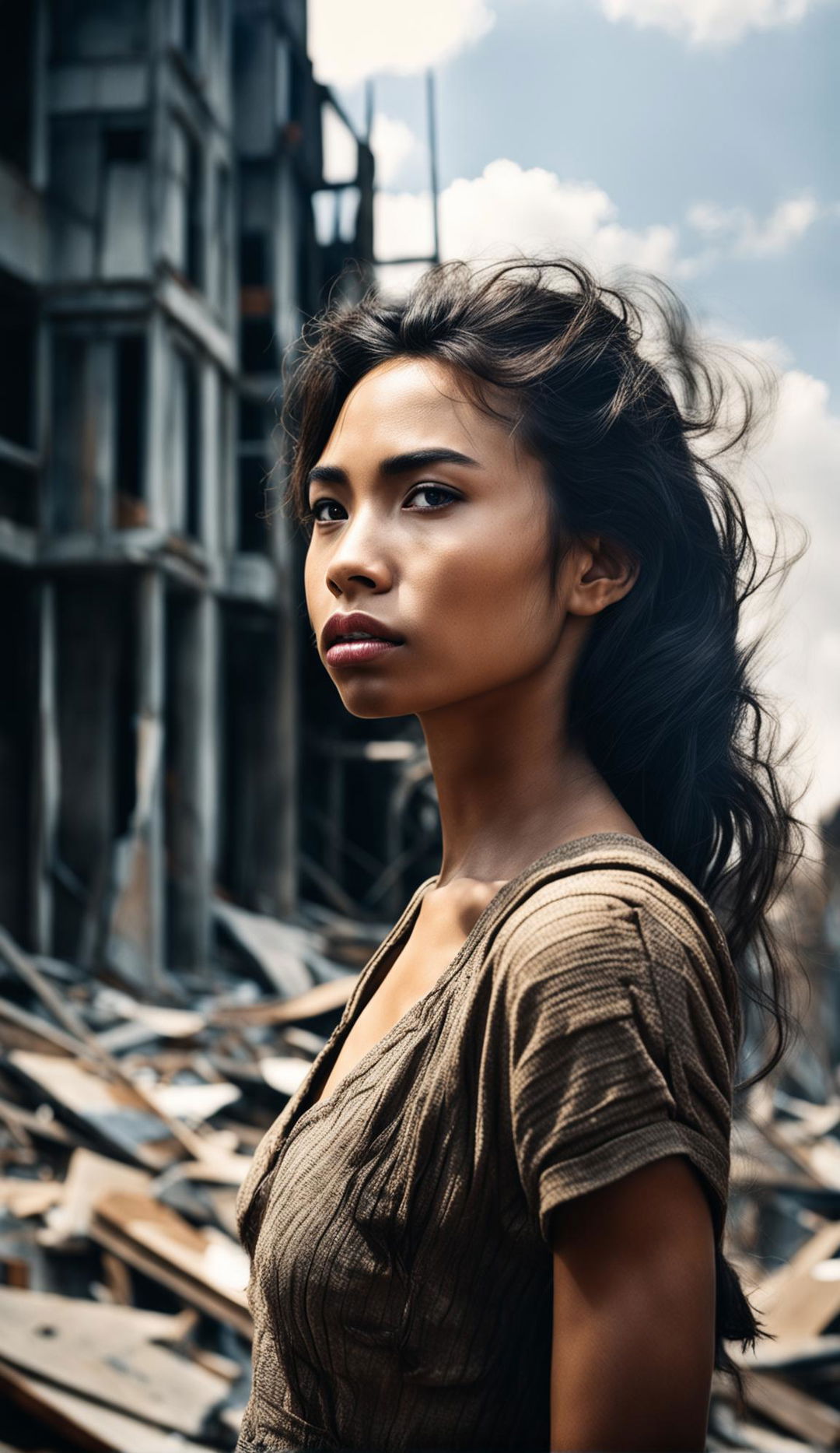 16k resolution raw photograph of a beautiful 23-year-old blasian woman with light brown eyes and symmetrical features in a war-torn setting. Low light, side head view shot by James Nachtwey, unedited.