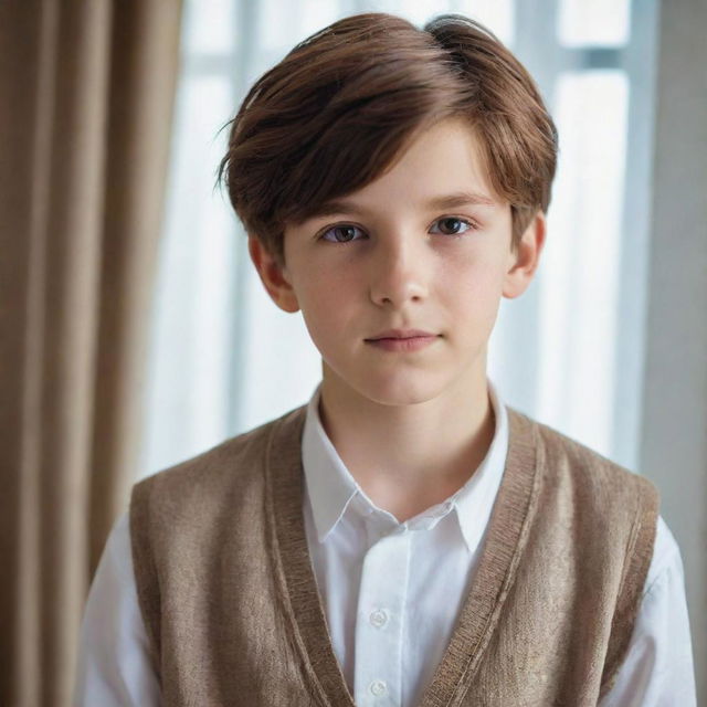 A thirteen-year-old boy with chestnut hair and a curtain hairstyle, in ultra HD quality.