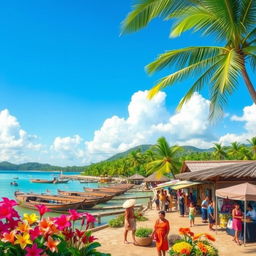 A serene and vibrant depiction of Madura Island in Indonesia, showcasing its lush landscapes, traditional wooden boats along the coastline, and a lively market scene with locals in colorful clothing engaged in daily activities