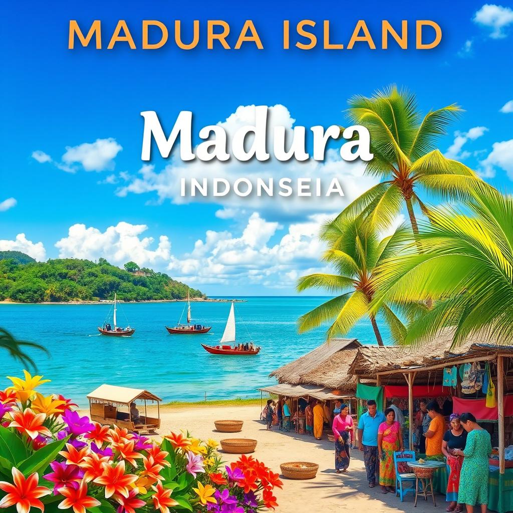 A serene and vibrant depiction of Madura Island in Indonesia, showcasing its lush landscapes, traditional wooden boats along the coastline, and a lively market scene with locals in colorful clothing engaged in daily activities