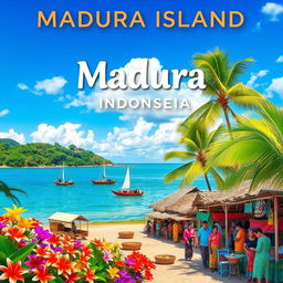 A serene and vibrant depiction of Madura Island in Indonesia, showcasing its lush landscapes, traditional wooden boats along the coastline, and a lively market scene with locals in colorful clothing engaged in daily activities