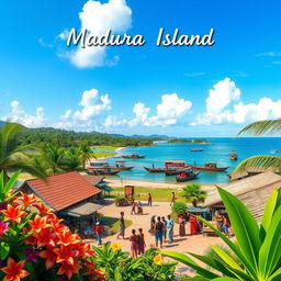 A serene and vibrant depiction of Madura Island in Indonesia, showcasing its lush landscapes, traditional wooden boats along the coastline, and a lively market scene with locals in colorful clothing engaged in daily activities