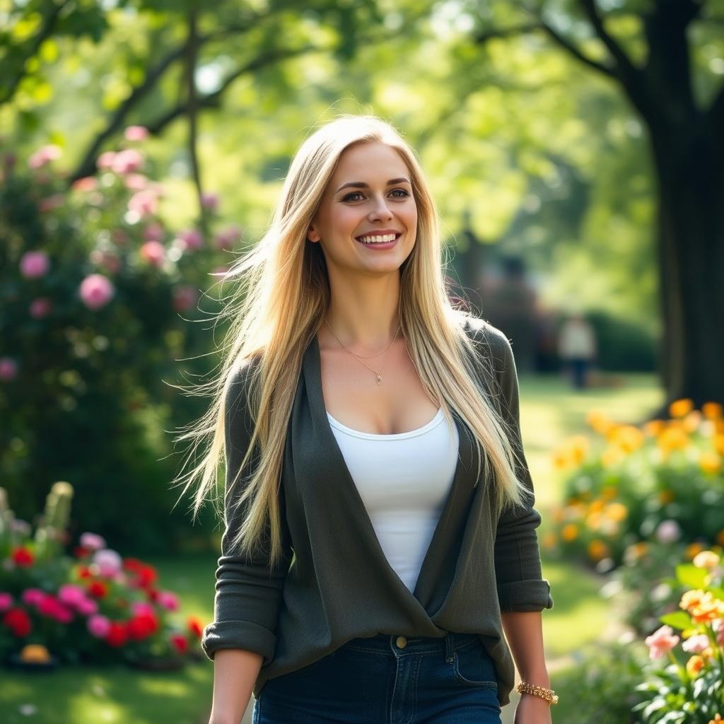 A slim and beautiful 28-year-old blonde woman with long hair and a large bust, dressed in modest clothing, enjoying a leisurely stroll in a vibrant park filled with lush greenery and colorful flowers