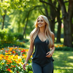 A slim and beautiful 28-year-old blonde woman with long hair and a large bust, dressed in modest clothing, enjoying a leisurely stroll in a vibrant park filled with lush greenery and colorful flowers